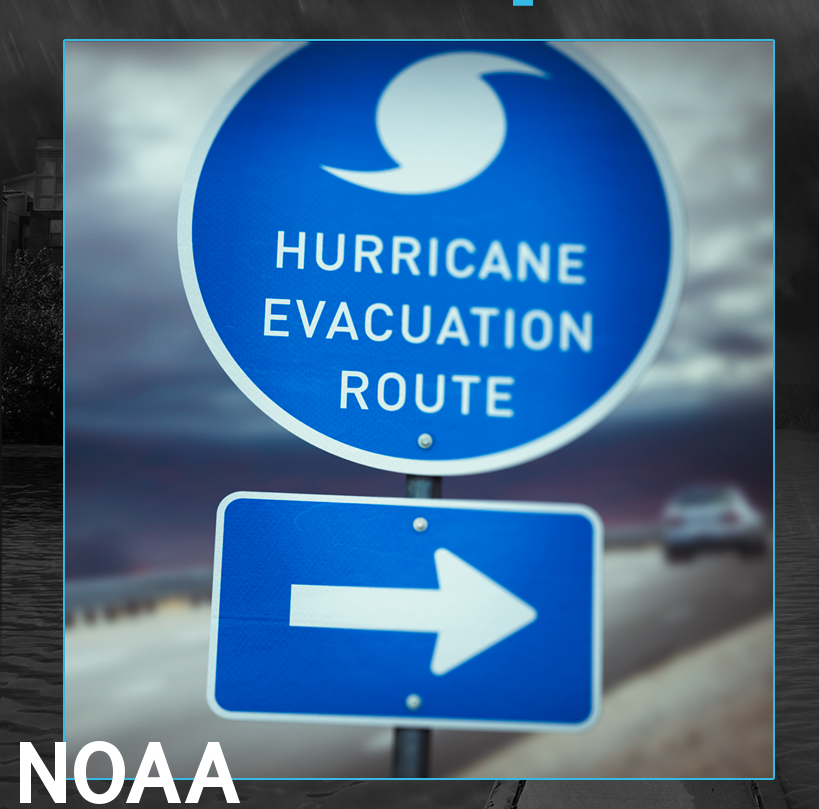 blue hurricane evacuation route sign and arrow